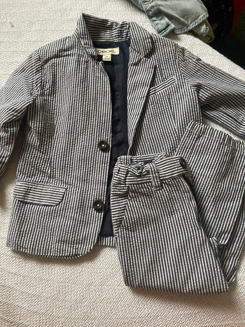Kids Navy Blue and White Striped Suit Classic Casual Fit